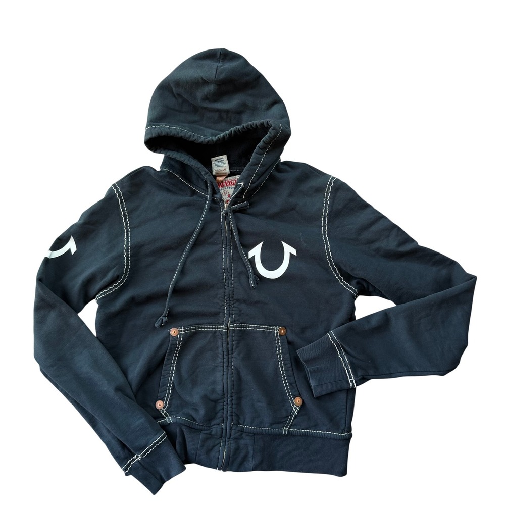 True Religion Big T Zip-Up Hoodie Men's M Black Contrast Stitch Horseshoe Logo